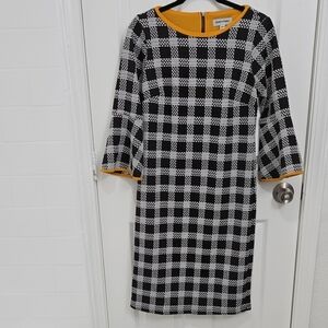Black and White Checkered Dress with Gold Accents & Bell Sleeves